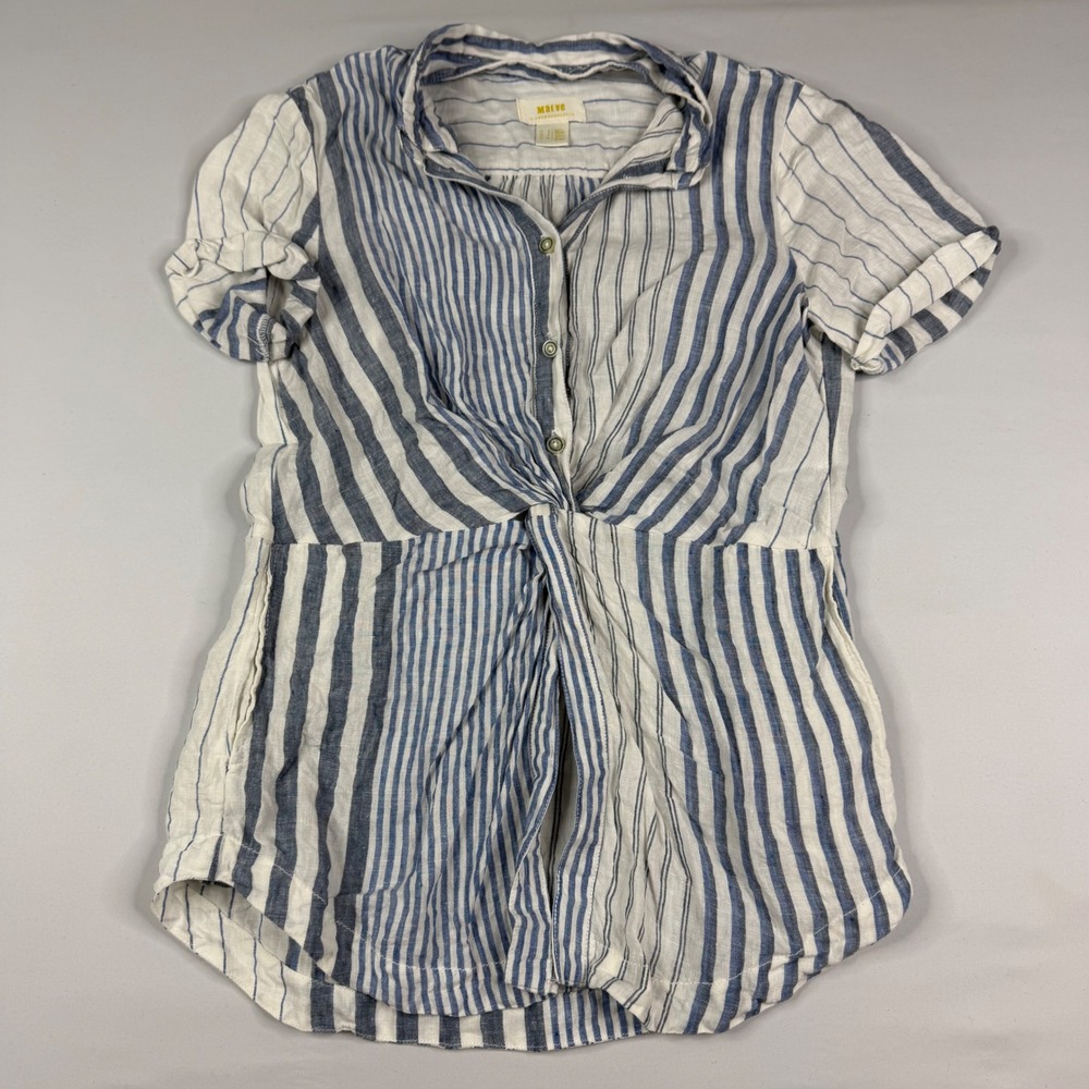 Maeve Anthropologie Linen Button Down Shirt Womens Size 2 Blue White Twist Top